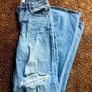 High rise wide leg distressed blue jeans